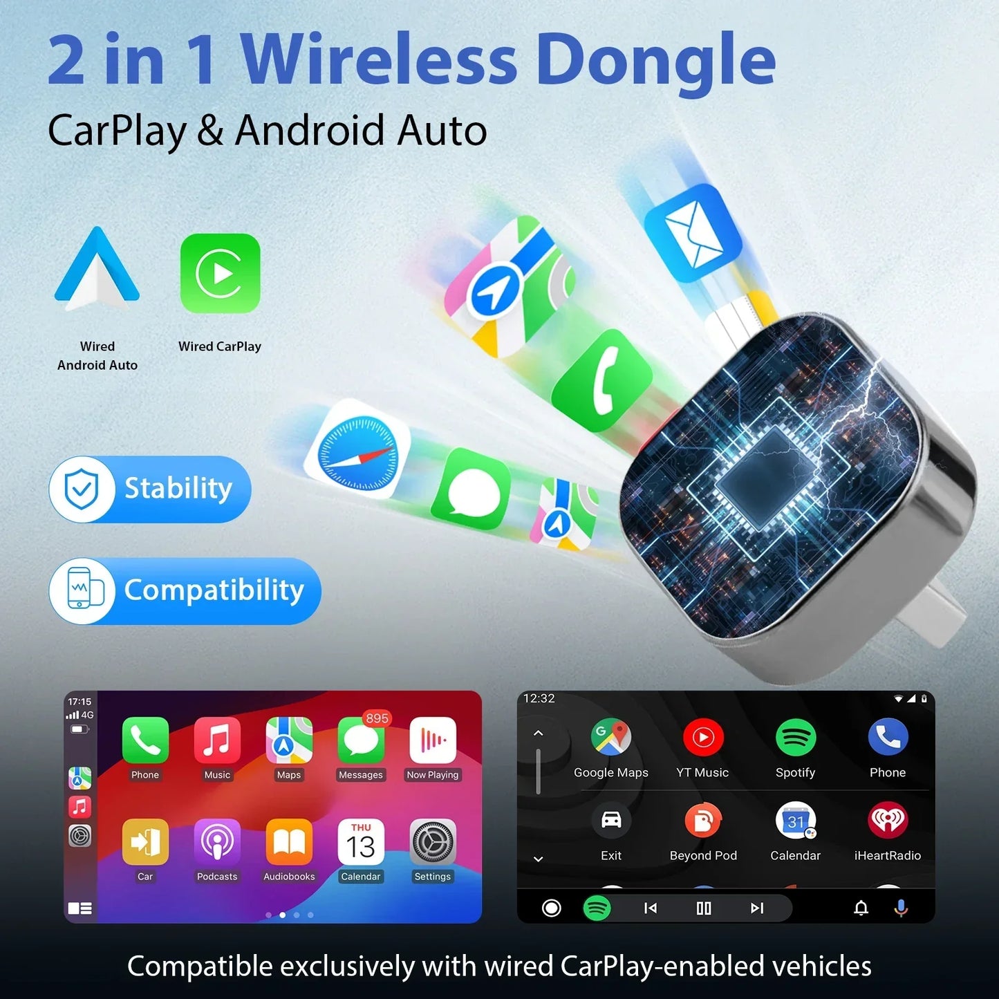 Boîte CarPlay & Android Auto Sans Fil – Compatible 99% des Voitures avec CarPlay Câblé